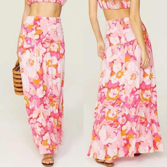 MINKPINK Josie Maxi Skirt Women Large Pink Floral 100% Viscose Lined - Picture 1 of 16